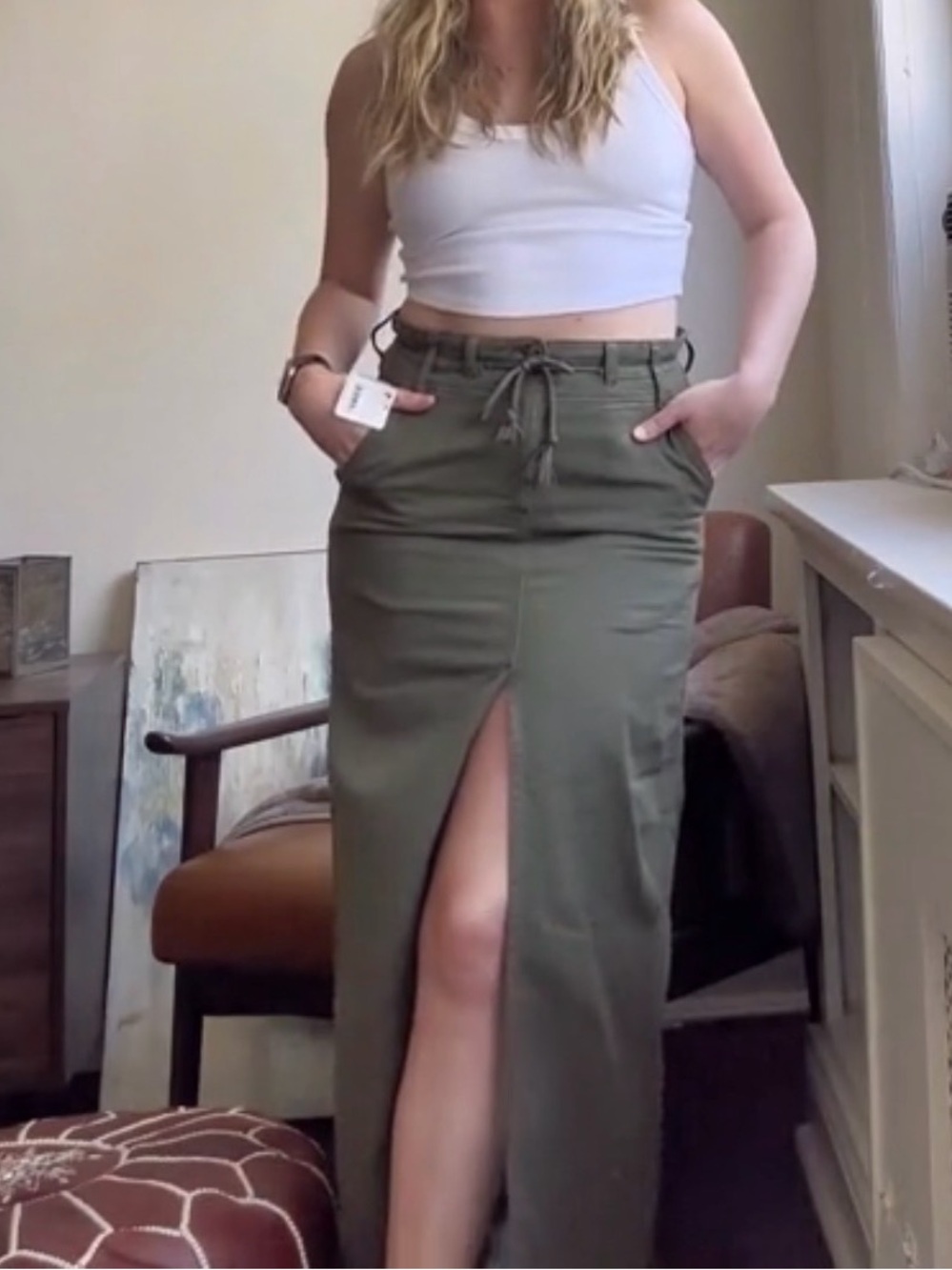 Free People khaki maxi skirt with slit in the front and drawstring waist